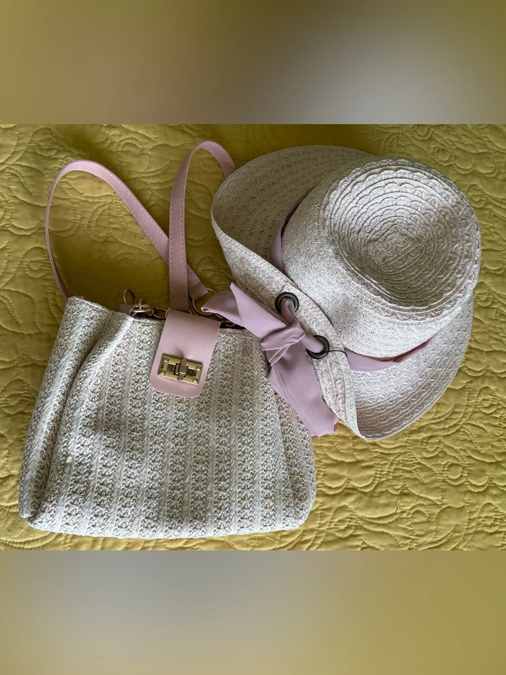 Nine West Light Pink Straw Sun Hat with Taupe Band One Size